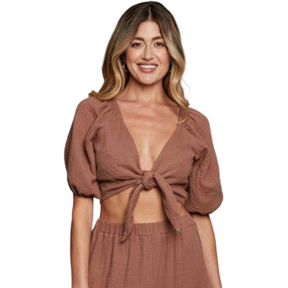 NEW SUNDAY RITUAL cleo tie front top in brown - Picture 1 of 3
